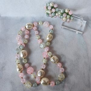 Vintage Pastel Necklace and Clip Earrings Light Mint Green Pink Yellow Pearls